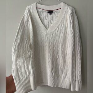 Men Tommy Hilfiger Preppy White cable knit Cotton Knitwear sweater Vneck 2X Tall